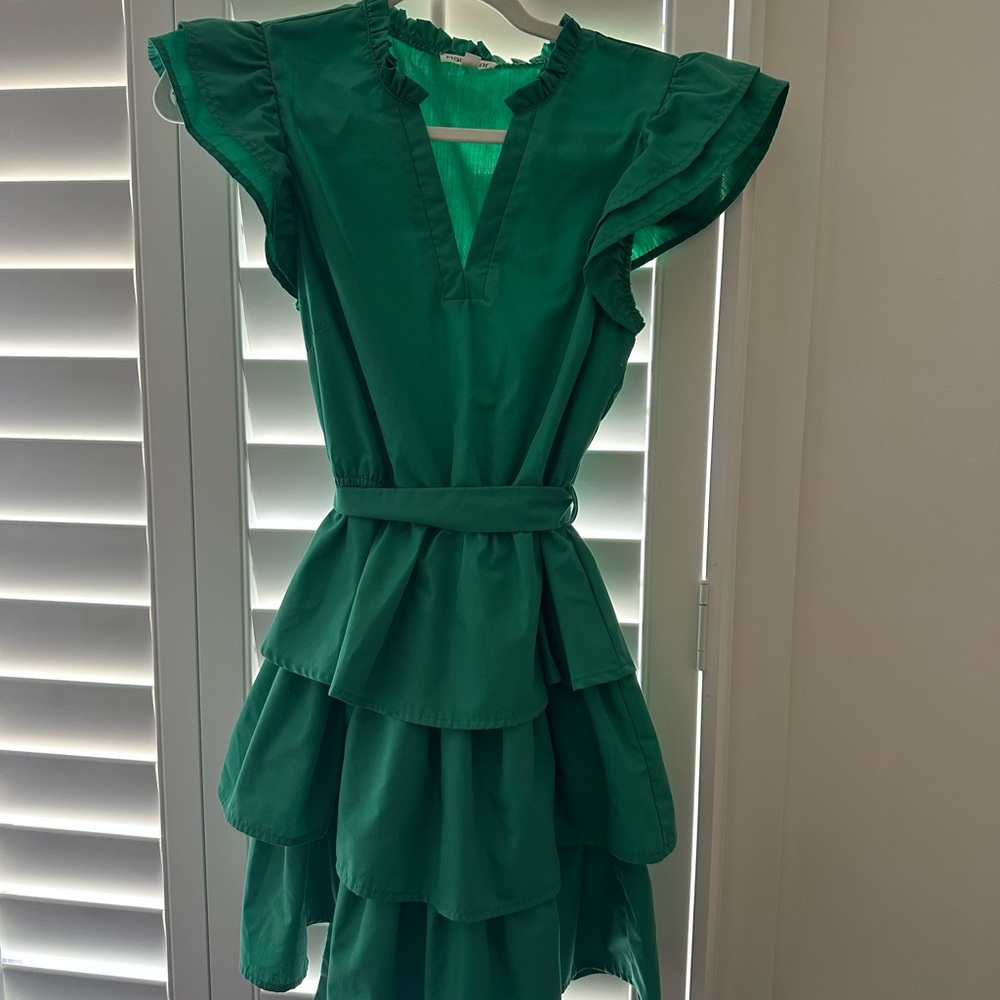 Main Strip Emerald Green Tiered Ruffle Mini Dress